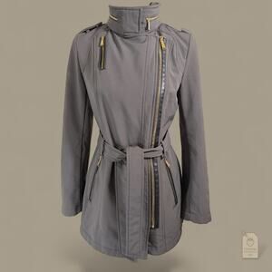 MICHAEL Michael Kors Grey Softshell Moto Jacket XS Gold Hardware Faux Fur Lined